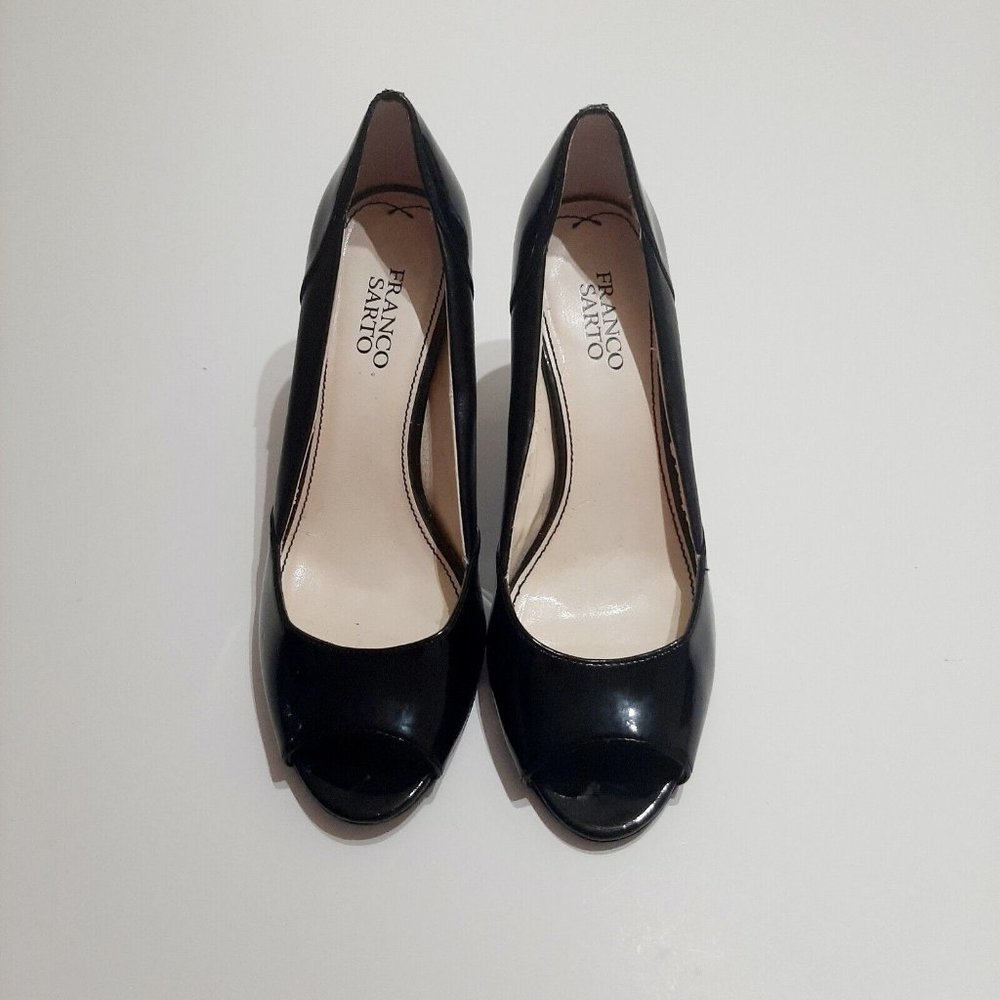 Franco Sarto Women's 8.5 Black Patent Leather Peep Toe Pumps Style Crash